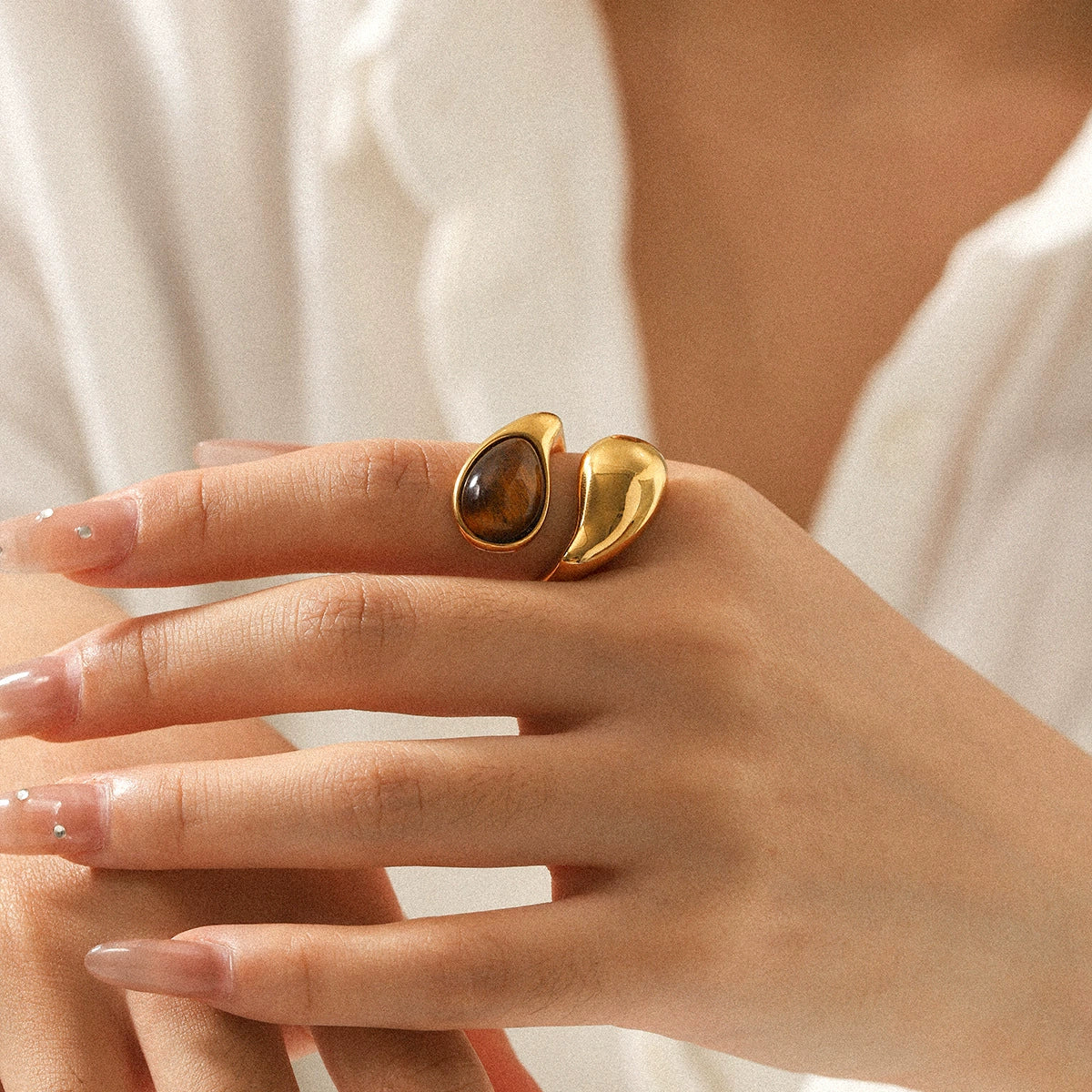 Handmade Dropshaped Geometric Stainless Steel Ring Set With Tiger Eye Stone For Women - Image 4