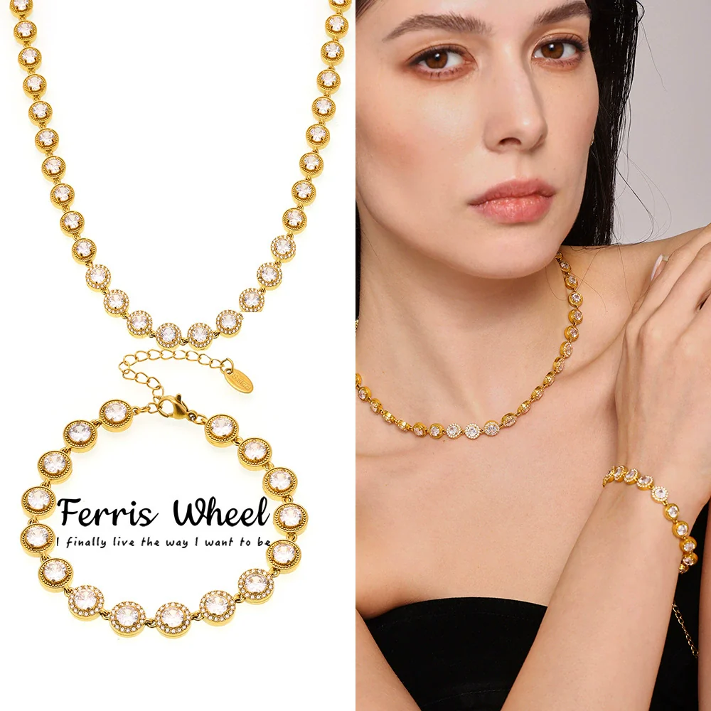 Handmade Ferris Wheel And Star Pendant Necklace With Round White Zircon In Titanium Steel Electroplated 18K Gold For Unisex Niche Style
