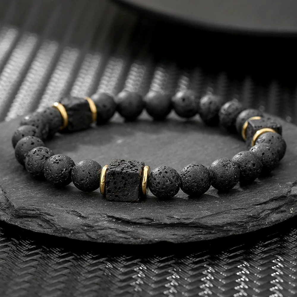 Handmade Geometric Black Frosted Volcanic Stone Bracelet Unisex Hand Jewelry Accessories - Image 6