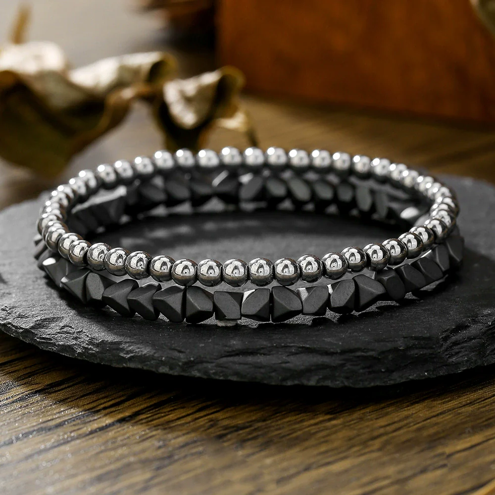 Handmade Geometric Black Iron Stone Bracelet For Couple - Image 7