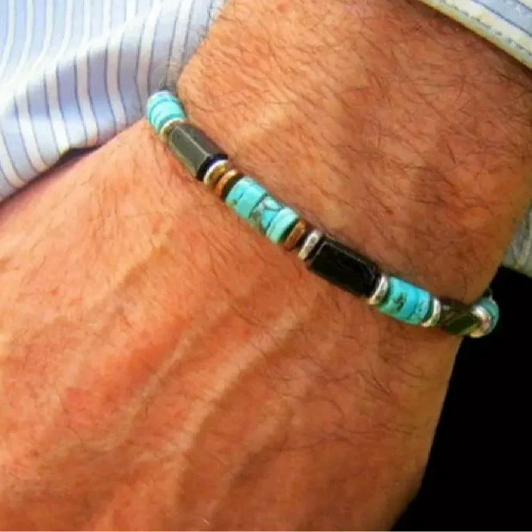 Handmade Geometric Style Unisex Bracelet Jewelry With Black Gallstone And Turquoise