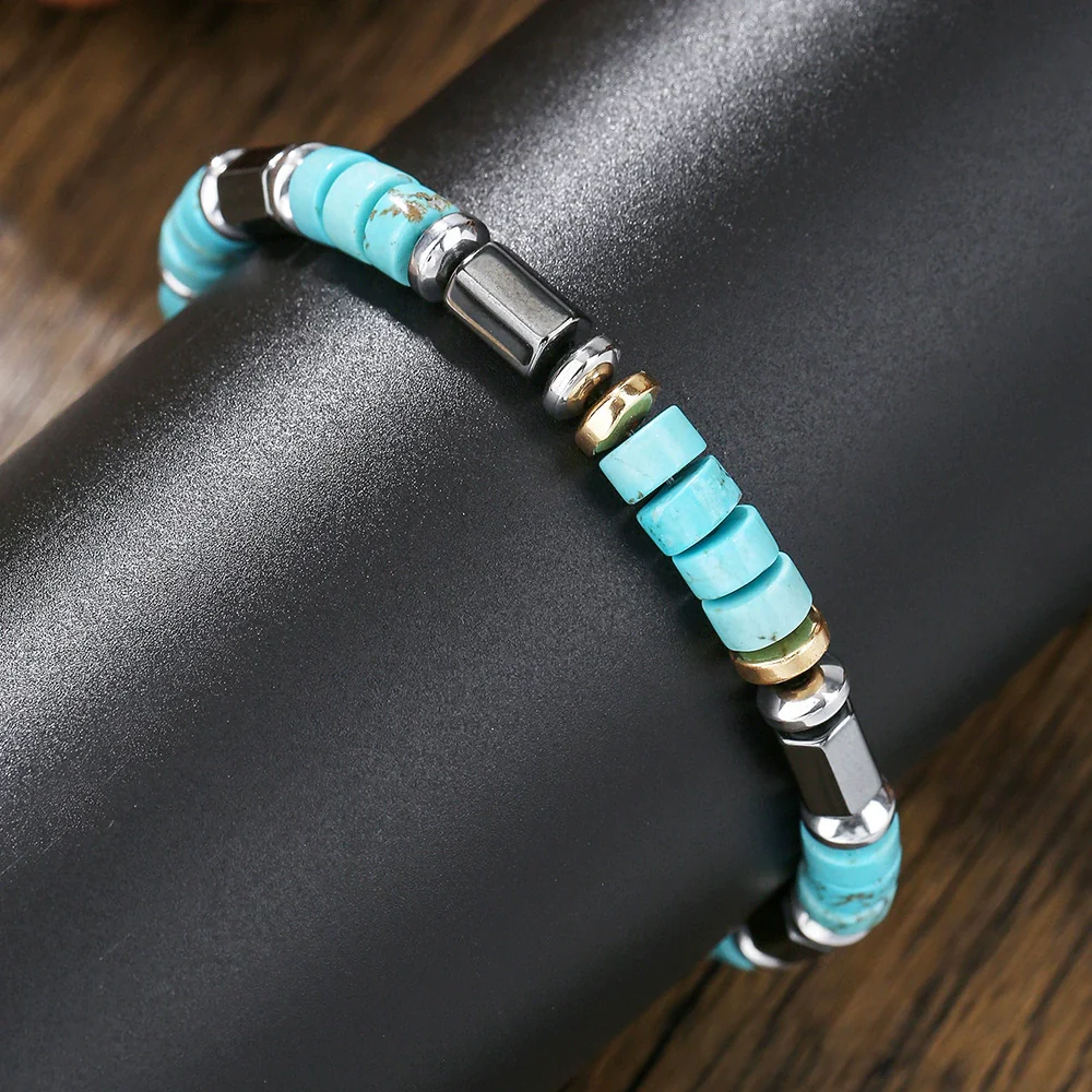 Handmade Geometric Style Unisex Bracelet Jewelry With Black Gallstone And Turquoise - Image 4