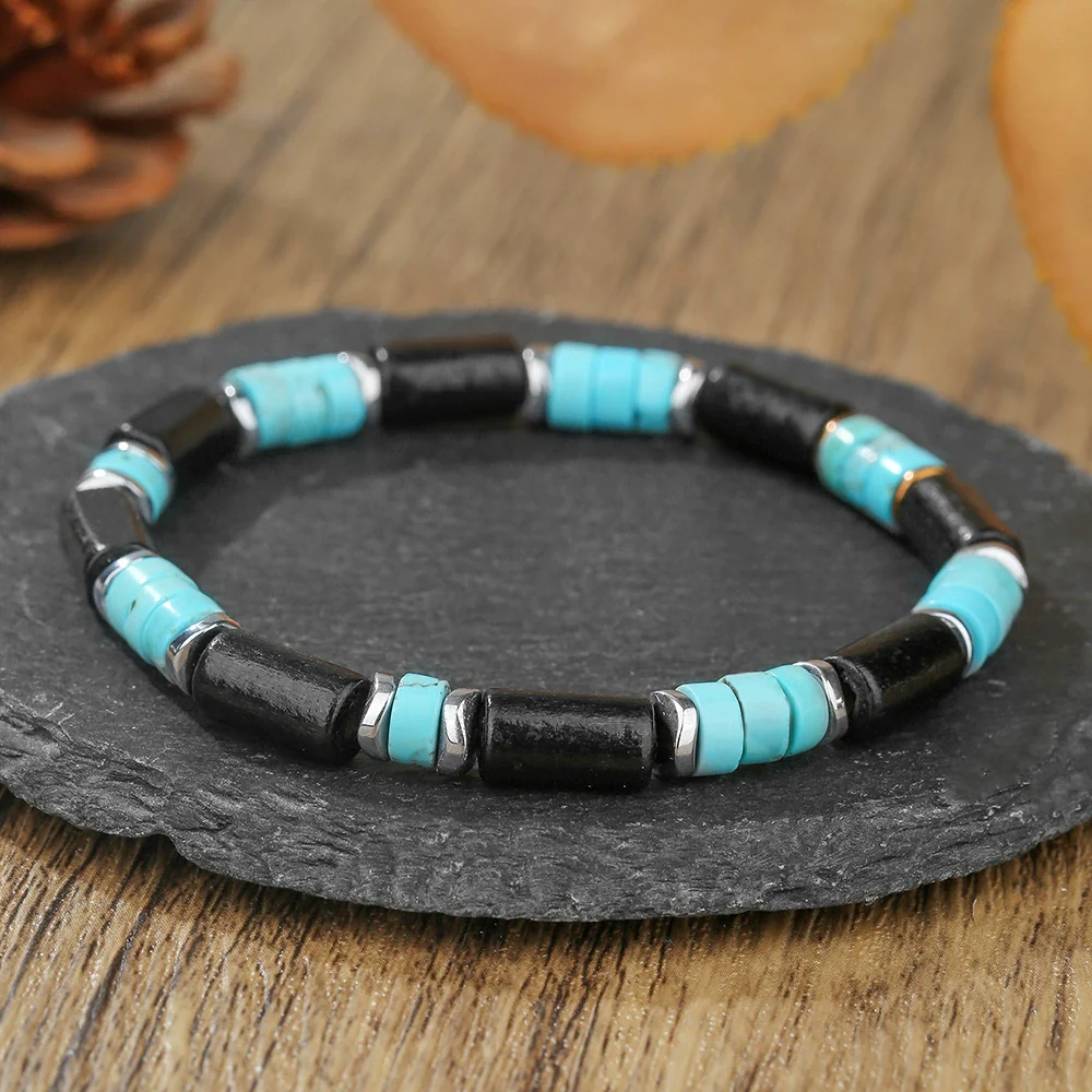 Handmade Geometric Style Unisex Bracelet Jewelry With Black Gallstone And Turquoise - Image 9
