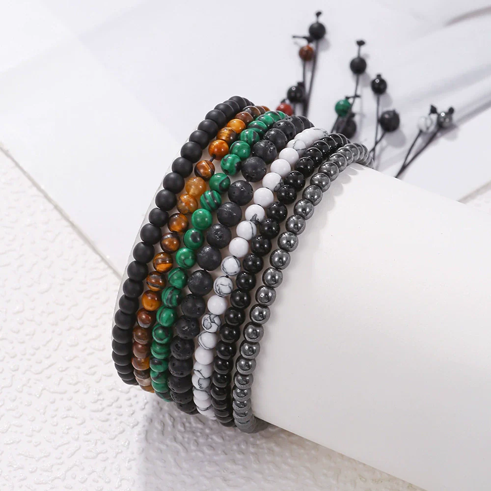 Handmade Geometric Tiger Eye Volcanic Stone Black Stone Unisex Bracelet Charm - Image 3
