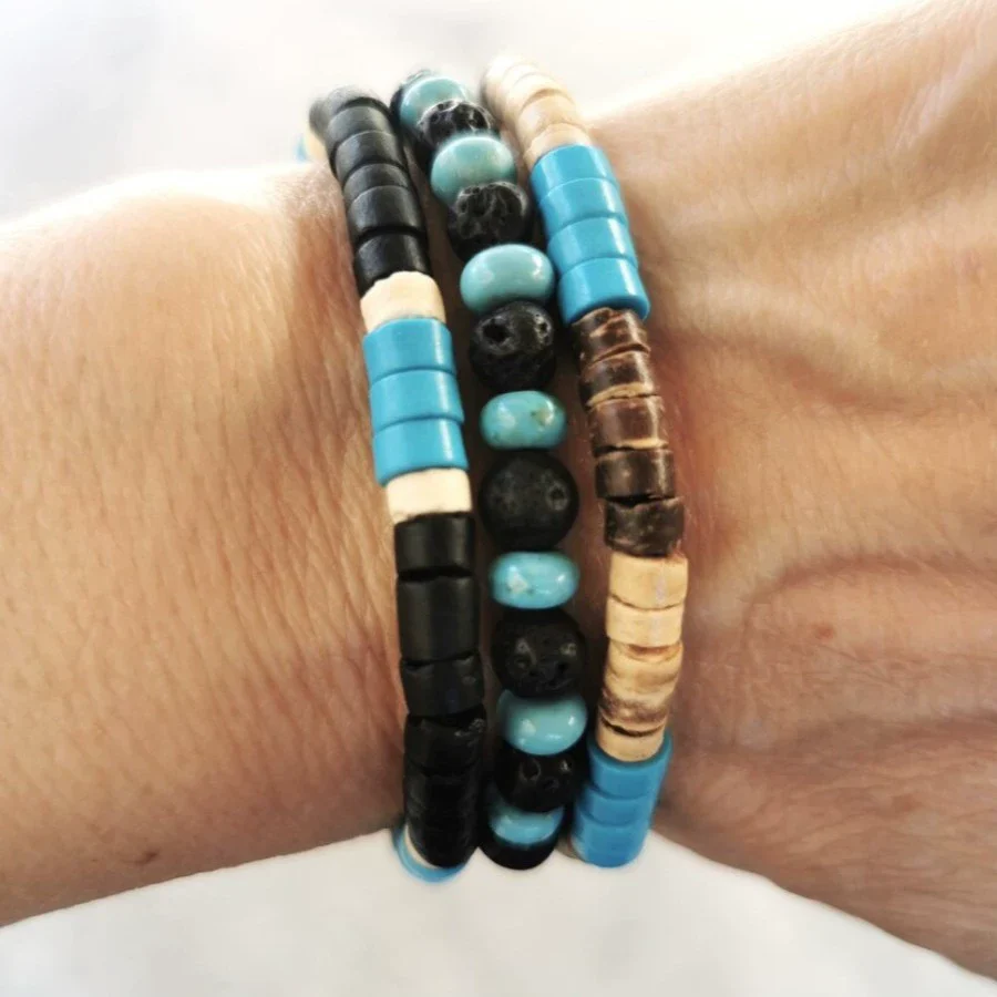 Handmade Geometric Wooden Beaded Volcanic Stone Turquoise Coconut Shell Unisex Bracelet