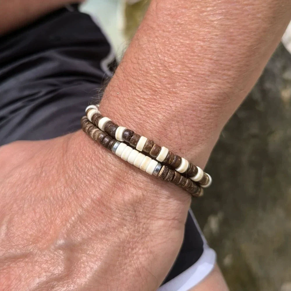 Handmade Geometric Wooden Beaded Volcanic Stone Turquoise Coconut Shell Unisex Bracelet - Image 10
