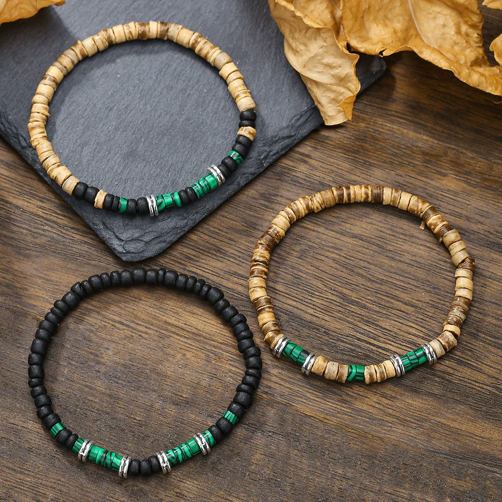 Handmade Geometric Wooden Beaded Volcanic Stone Turquoise Coconut Shell Unisex Bracelet - Image 13