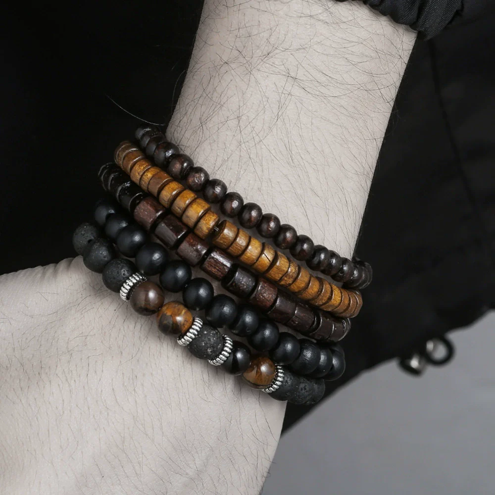 Handmade Geometric Wooden Beaded Volcanic Stone Turquoise Coconut Shell Unisex Bracelet - Image 19