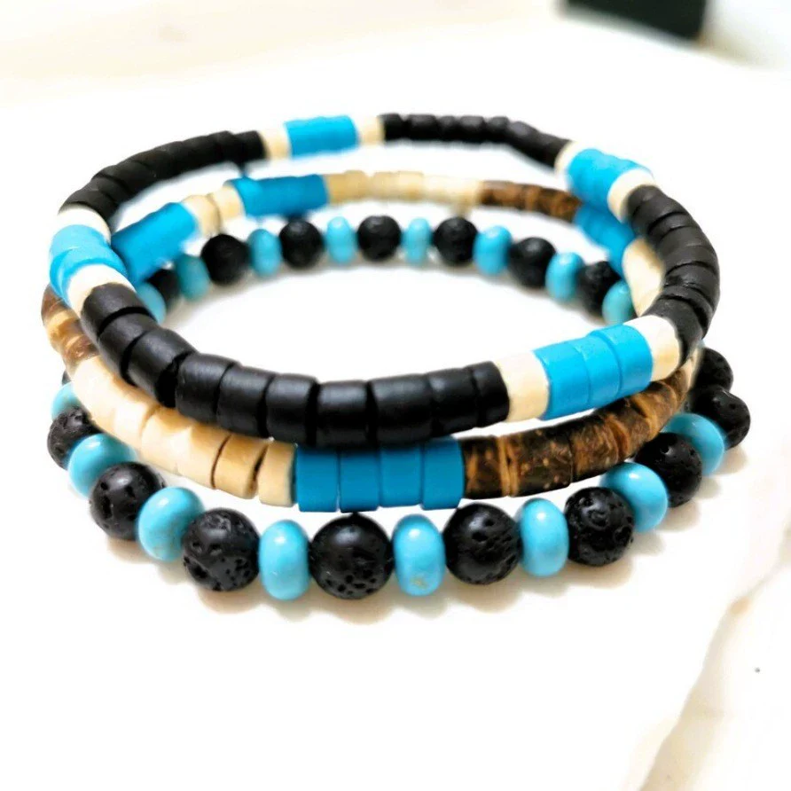 Handmade Geometric Wooden Beaded Volcanic Stone Turquoise Coconut Shell Unisex Bracelet - Image 2
