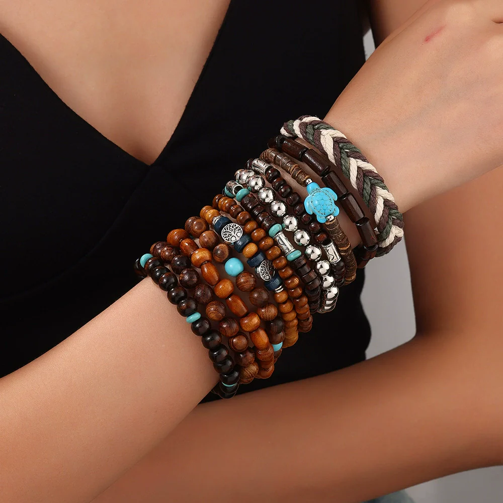 Handmade Geometric Wooden Beaded Volcanic Stone Turquoise Coconut Shell Unisex Bracelet - Image 23