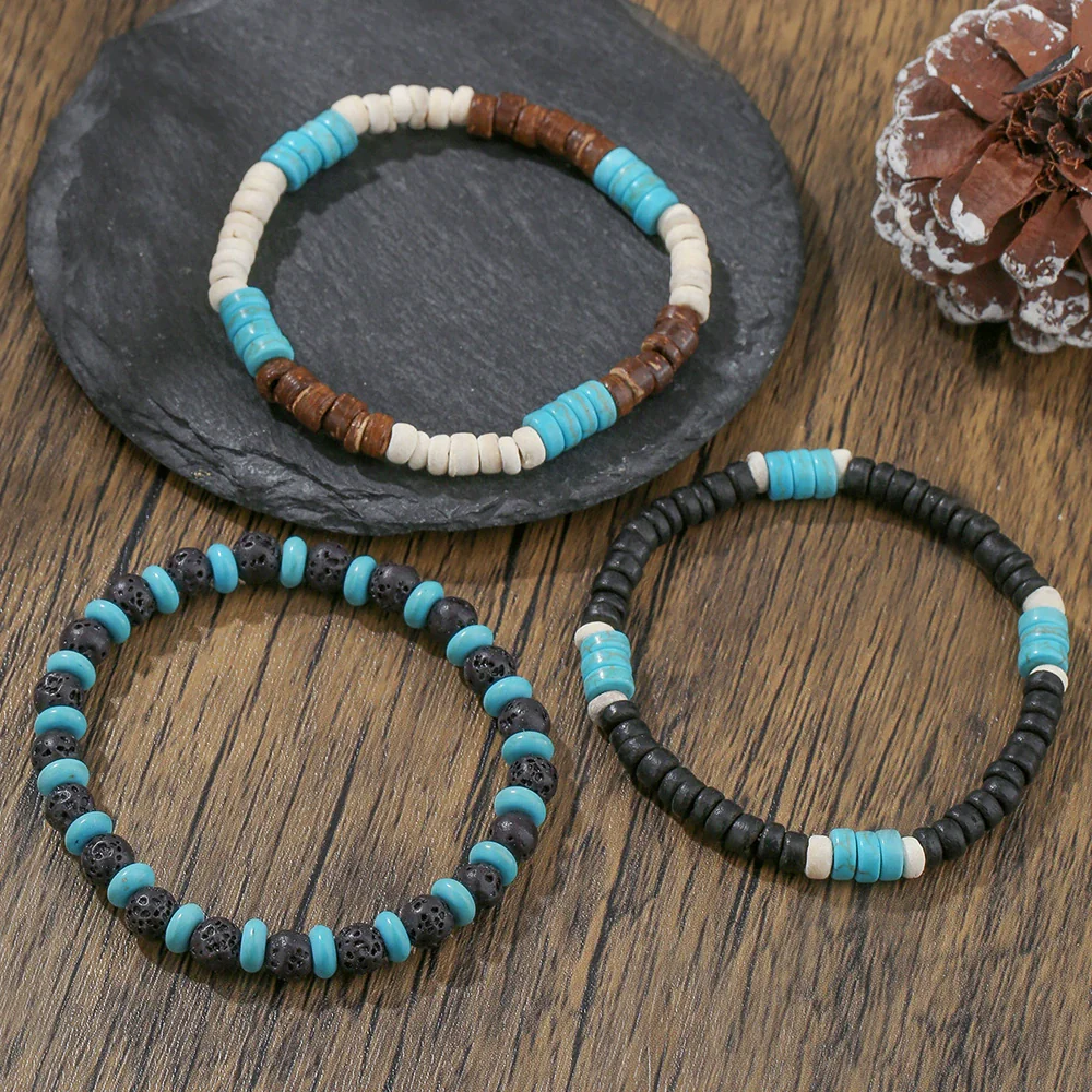 Handmade Geometric Wooden Beaded Volcanic Stone Turquoise Coconut Shell Unisex Bracelet - Image 3