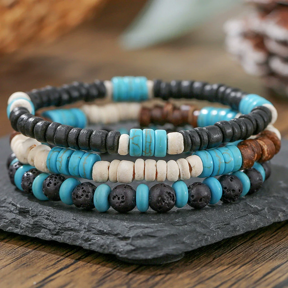 Handmade Geometric Wooden Beaded Volcanic Stone Turquoise Coconut Shell Unisex Bracelet - Image 4