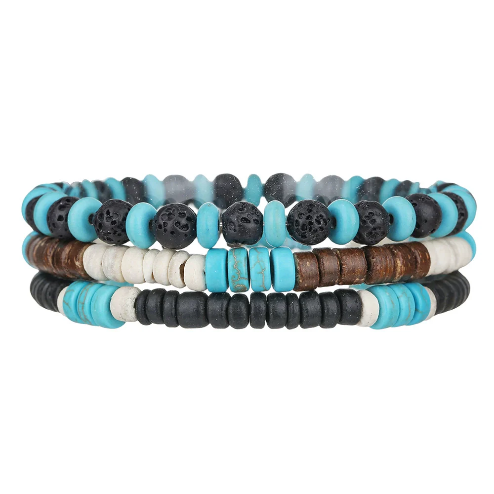Handmade Geometric Wooden Beaded Volcanic Stone Turquoise Coconut Shell Unisex Bracelet - Image 5