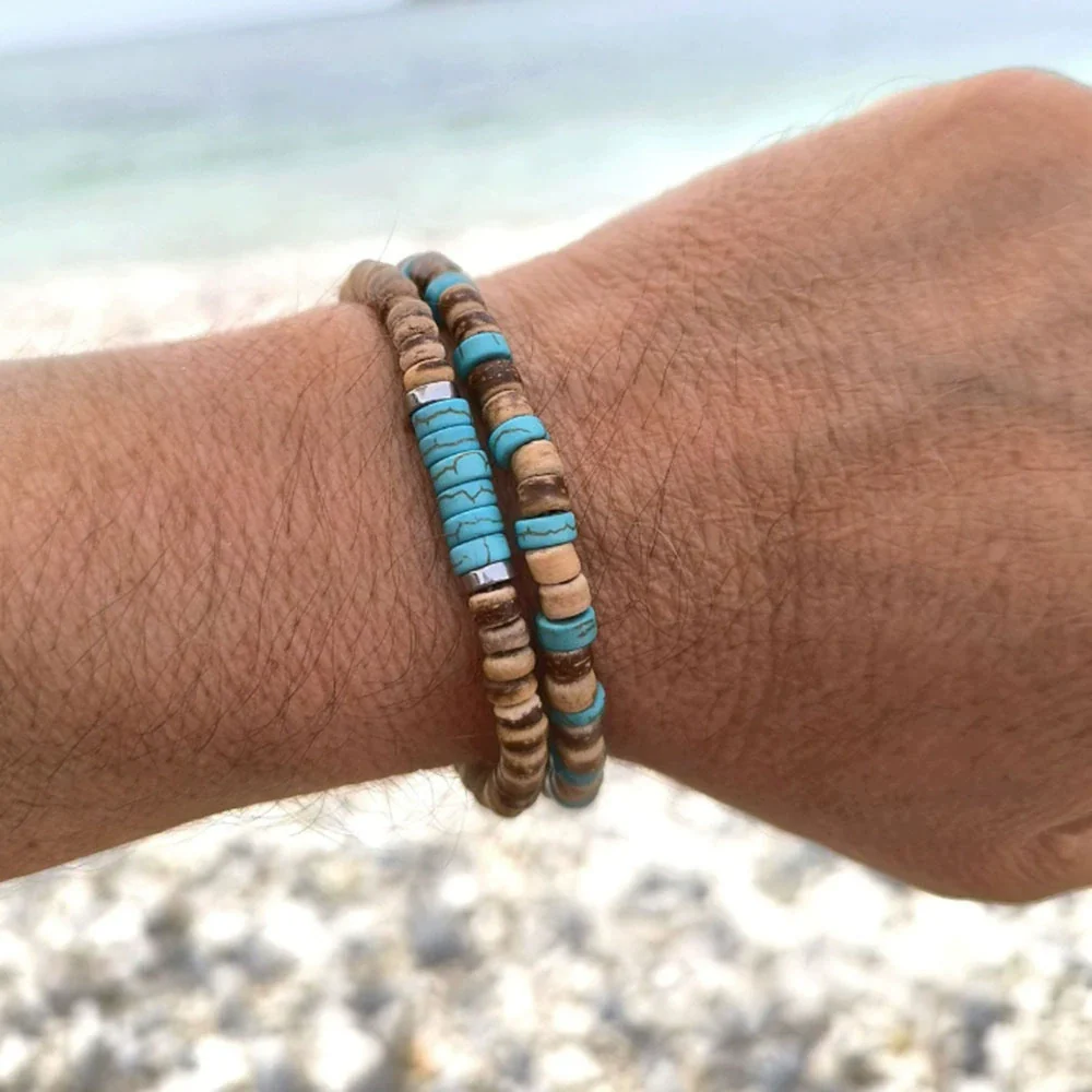 Handmade Geometric Wooden Beaded Volcanic Stone Turquoise Coconut Shell Unisex Bracelet - Image 9