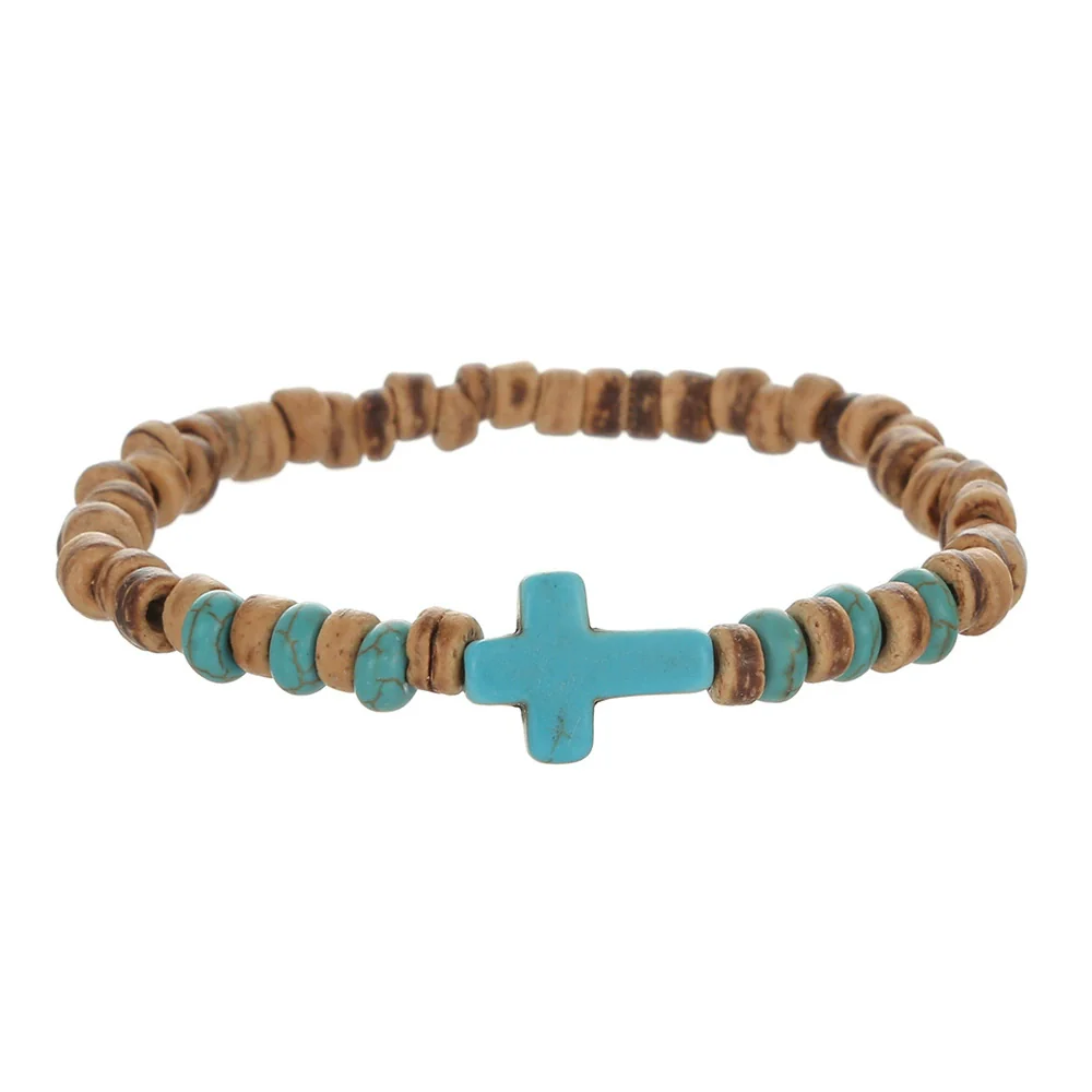 Handmade Geometric Wooden Beads Turquoise Coconut Shell Bracelet Unisex Hiphop Style - Image 13