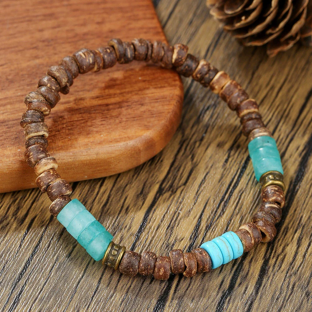 Handmade Geometric Wooden Beads Turquoise Coconut Shell Bracelet Unisex Hiphop Style - Image 2