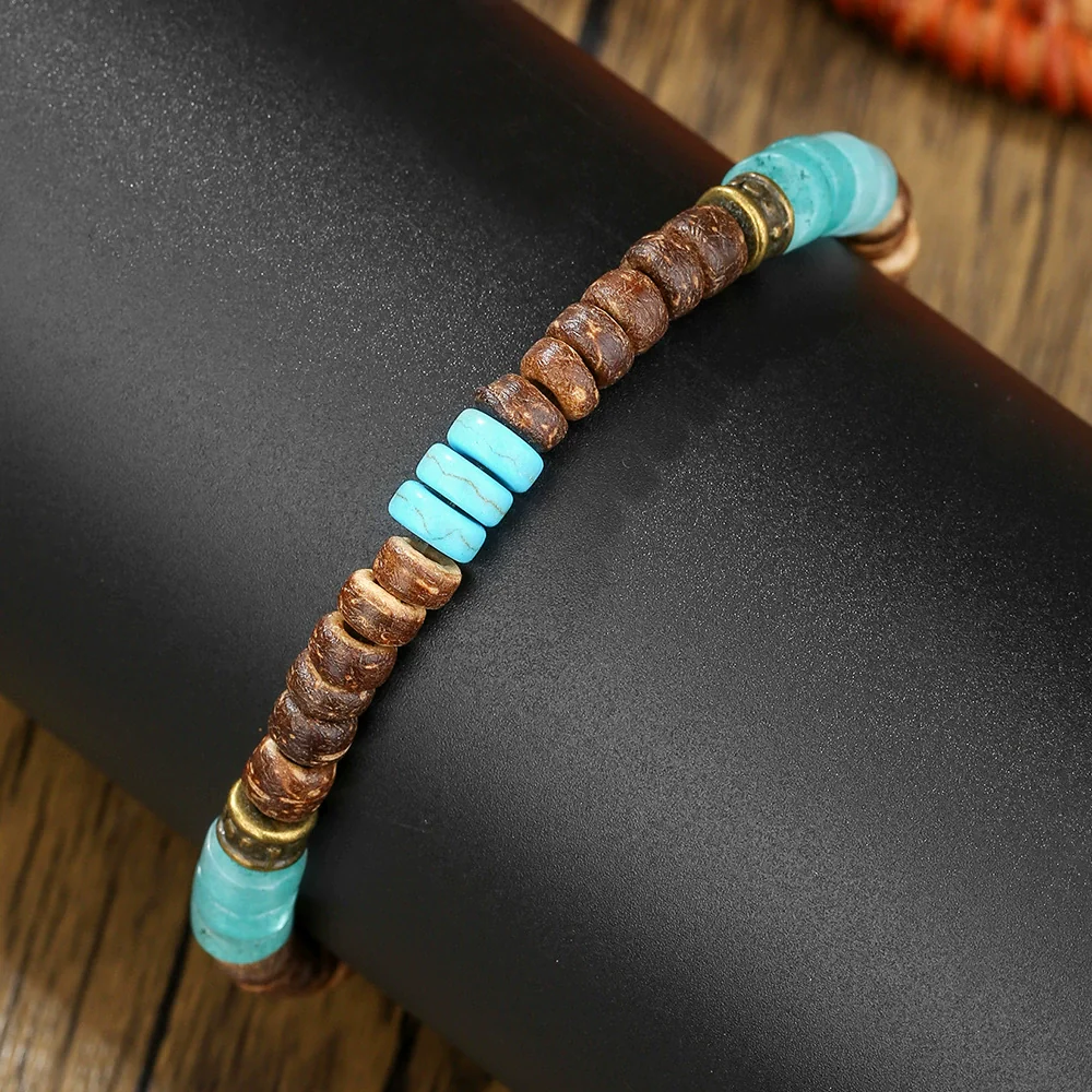 Handmade Geometric Wooden Beads Turquoise Coconut Shell Bracelet Unisex Hiphop Style - Image 3