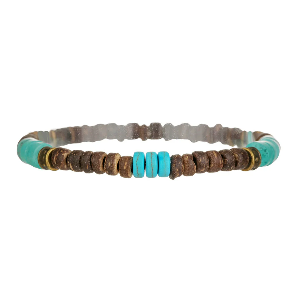 Handmade Geometric Wooden Beads Turquoise Coconut Shell Bracelet Unisex Hiphop Style - Image 4