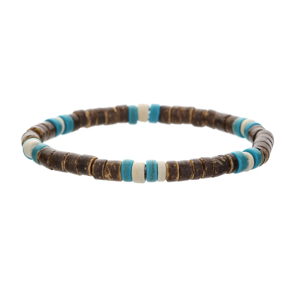 Handmade Geometric Wooden Beads Turquoise Coconut Shell Bracelet Unisex Hiphop Style - Image 6