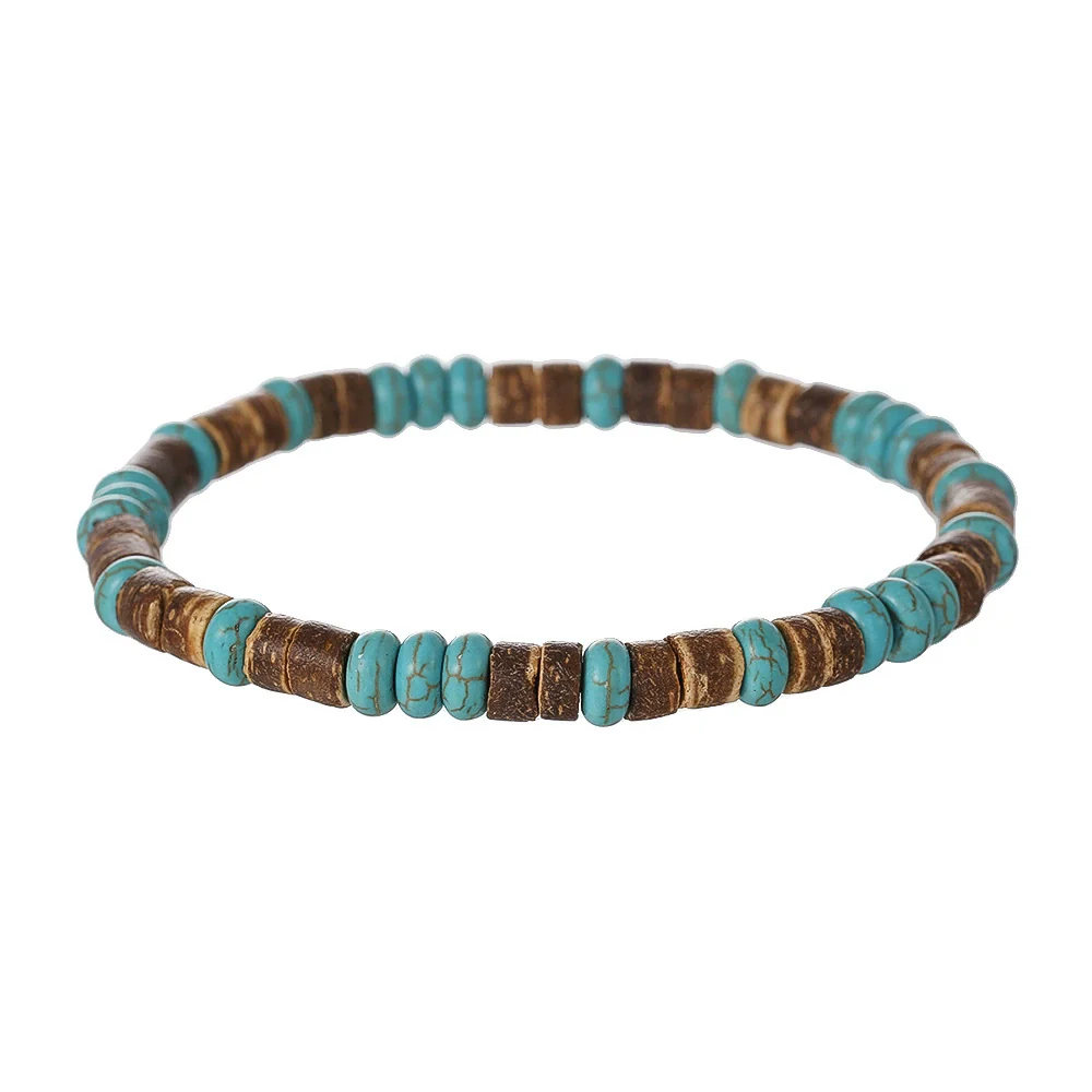 Handmade Geometric Wooden Beads Turquoise Coconut Shell Bracelet Unisex Hiphop Style - Image 8
