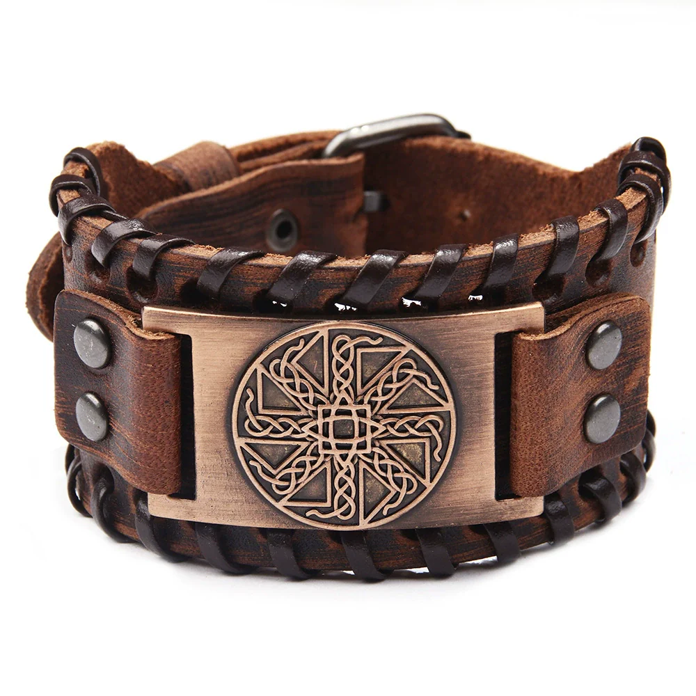Handmade Hiphop Retro Amulet Bracelet Genuine Leather With Flower Pattern And Electroplating Treatment