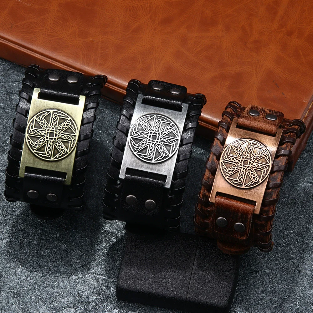 Handmade Hiphop Retro Amulet Bracelet Genuine Leather With Flower Pattern And Electroplating Treatment - Image 3
