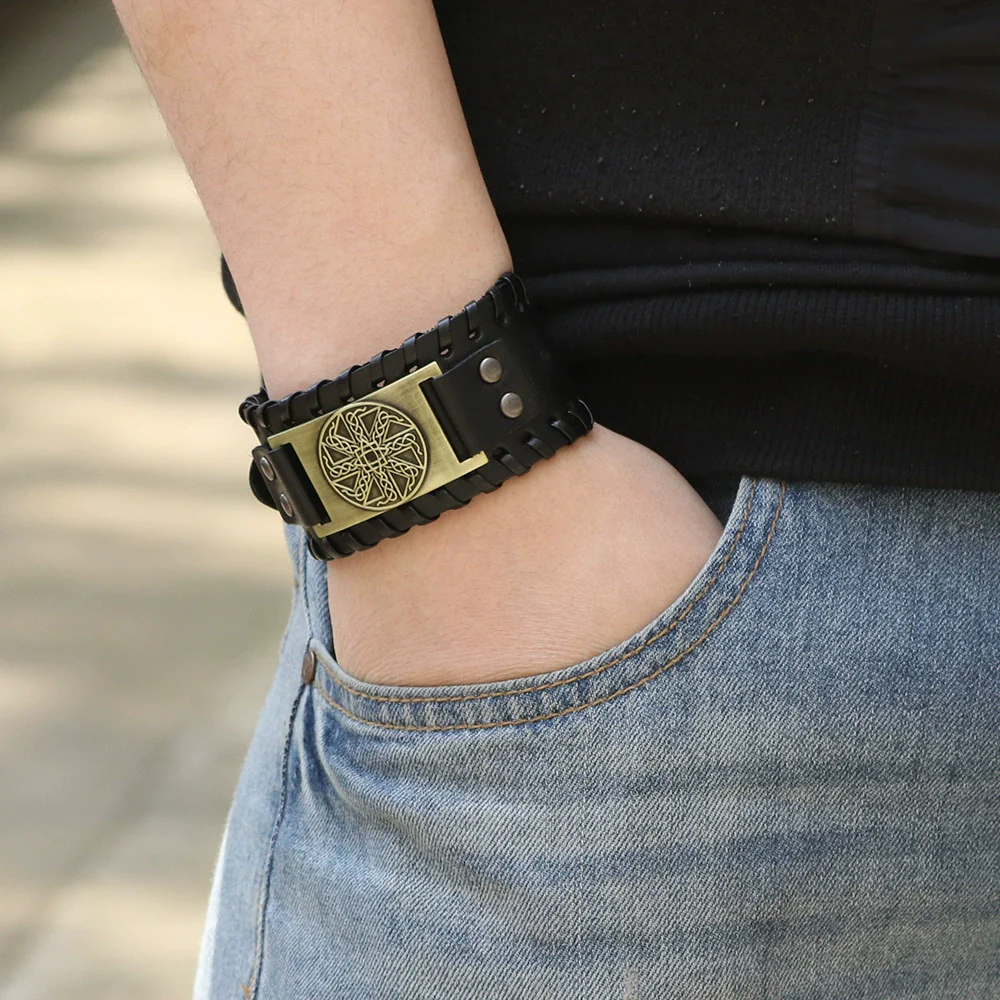 Handmade Hiphop Retro Amulet Bracelet Genuine Leather With Flower Pattern And Electroplating Treatment - Image 4