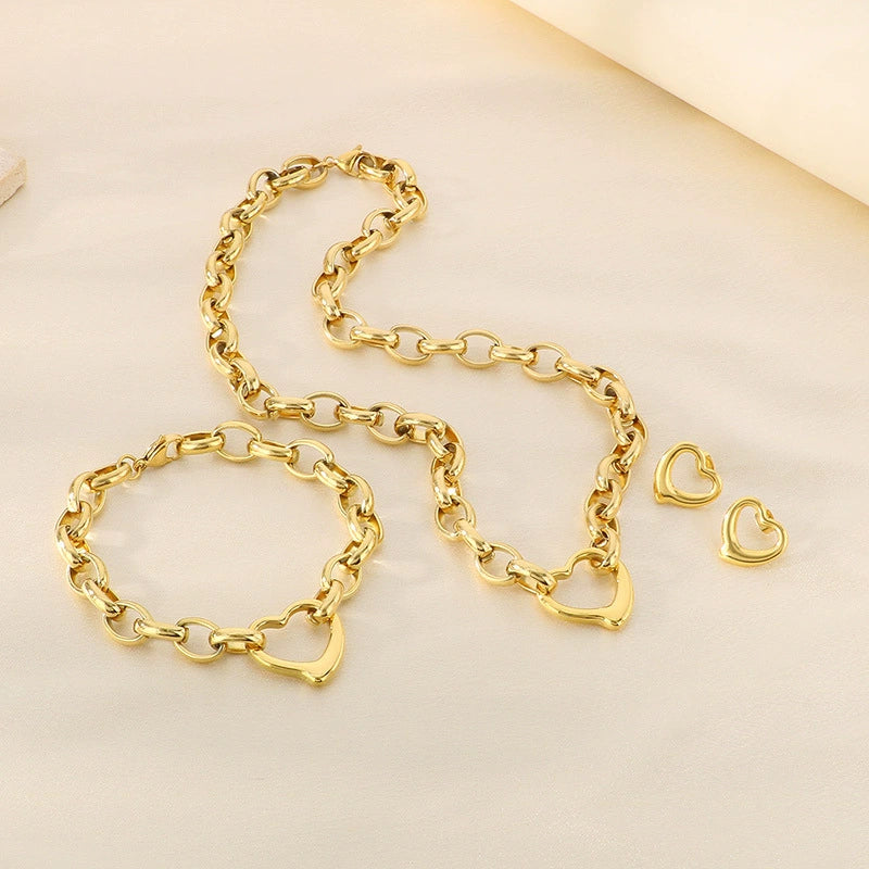 Handmade Hollow Love Pattern Stainless Steel And Titanium Steel Necklace Earrings Bracelet Three Piece Jewelry