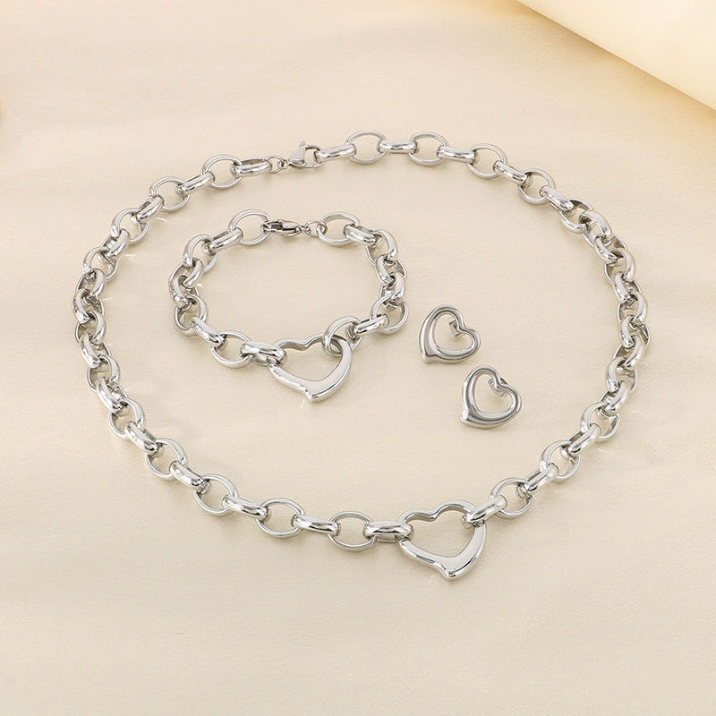 Handmade Hollow Love Pattern Stainless Steel And Titanium Steel Necklace Earrings Bracelet Three Piece Jewelry - Image 2