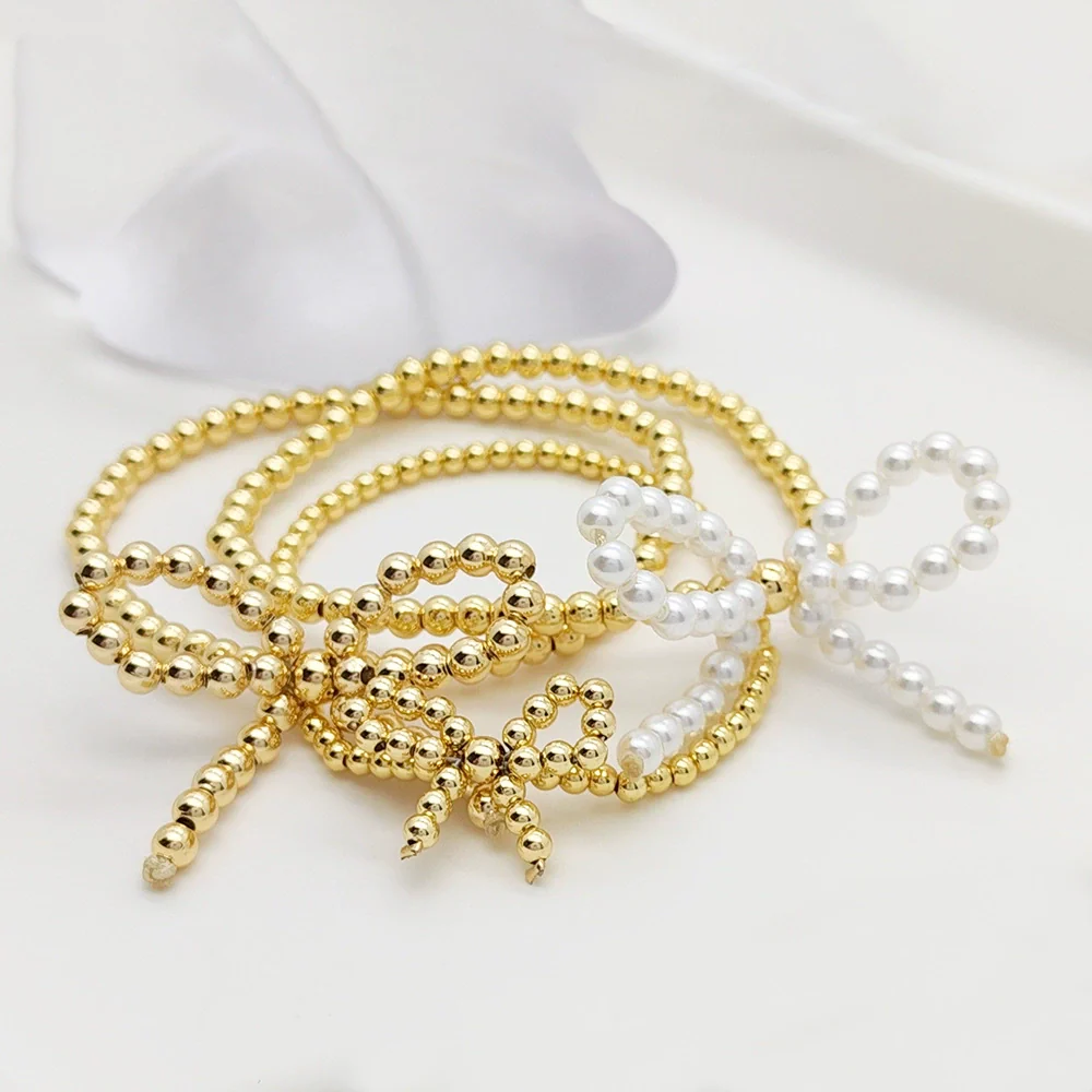 Handmade Metal Beaded Imitation Pearl Bow Women's Geometric Style Handwoven Bracelet - Image 2