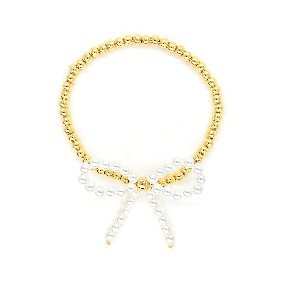 Handmade Metal Beaded Imitation Pearl Bow Women's Geometric Style Handwoven Bracelet - Image 3