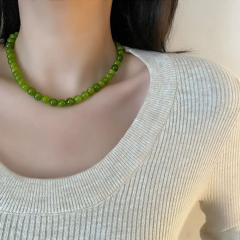 Handmade Natural Stone Beaded Geometric Clavicle Necklace With Real Gold Plating For Women