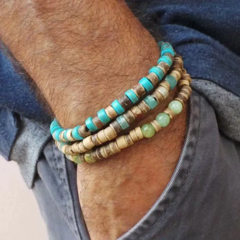 Handmade Natural Stone Wood Chip Coconut Shell Elastic Beaded Bracelet Geometric Style Unisex