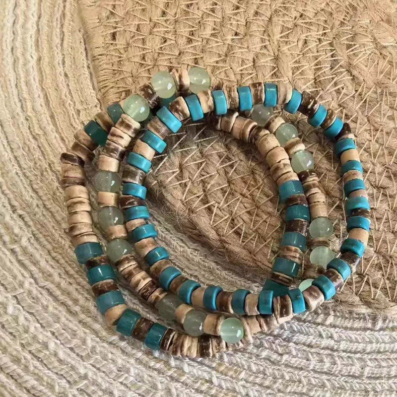 Handmade Natural Stone Wood Chip Coconut Shell Elastic Beaded Bracelet Geometric Style Unisex - Image 2