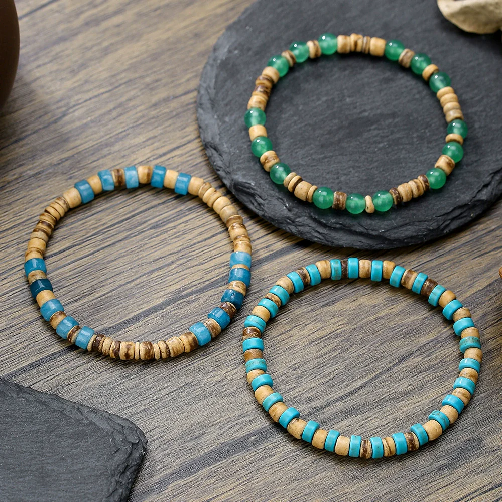 Handmade Natural Stone Wood Chip Coconut Shell Elastic Beaded Bracelet Geometric Style Unisex - Image 4