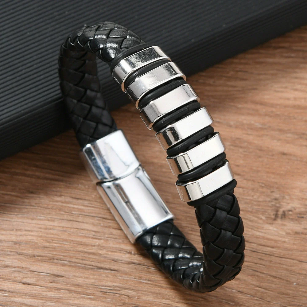Handmade Retro Geometric Leather Alloy Magnetic Buckle Handwoven Bracelet For Men And Women - Image 4