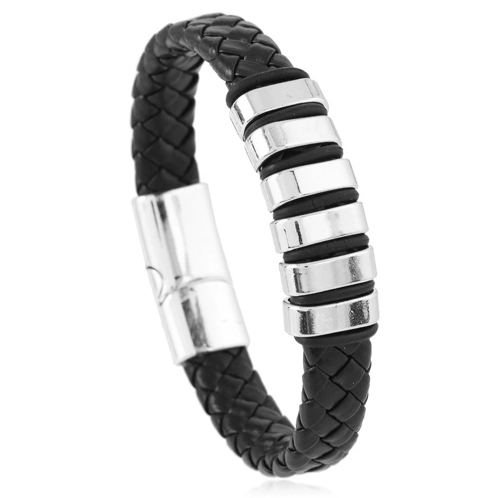 Handmade Retro Geometric Leather Alloy Magnetic Buckle Handwoven Bracelet For Men And Women - Image 7