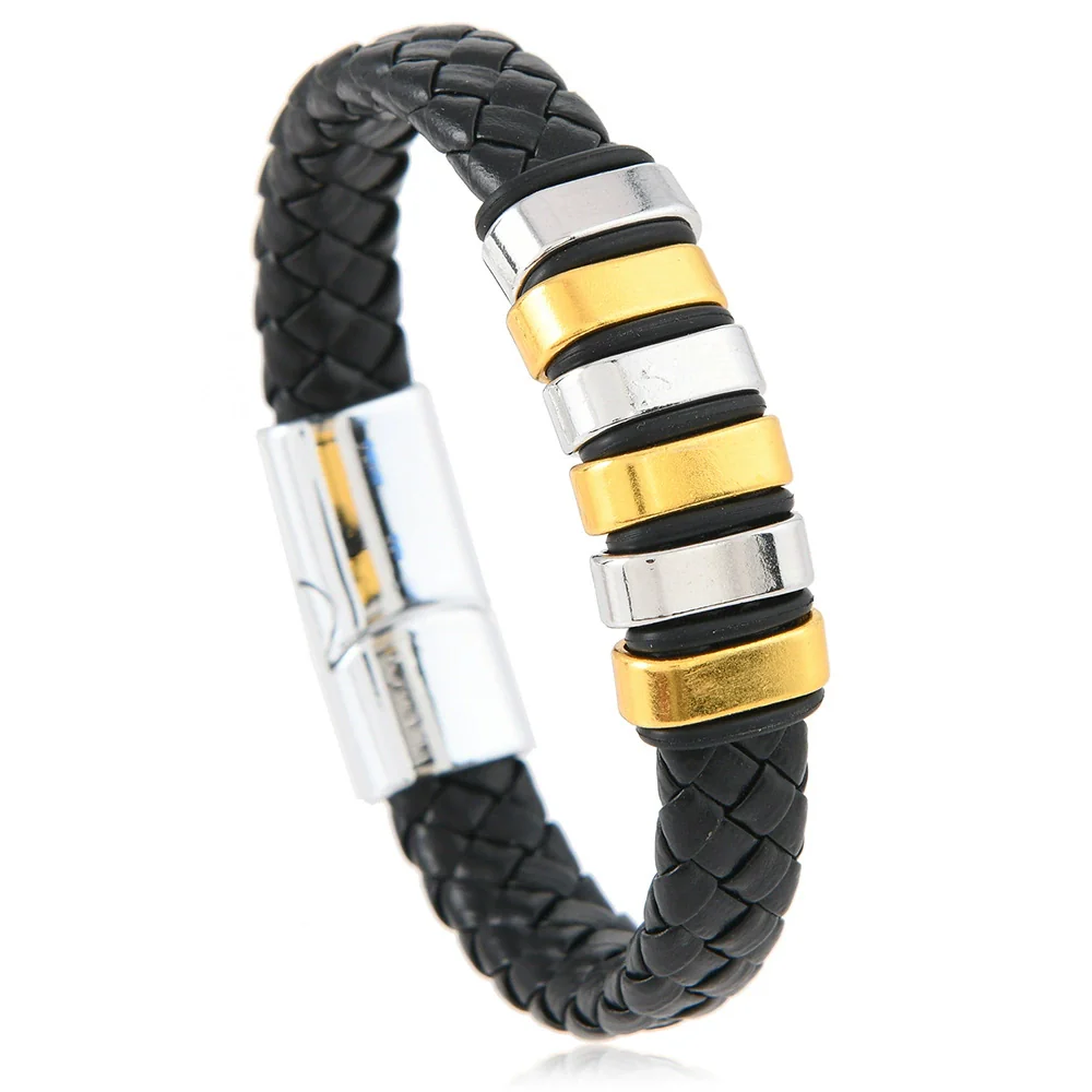 Handmade Retro Geometric Leather Alloy Magnetic Buckle Handwoven Bracelet For Men And Women - Image 9
