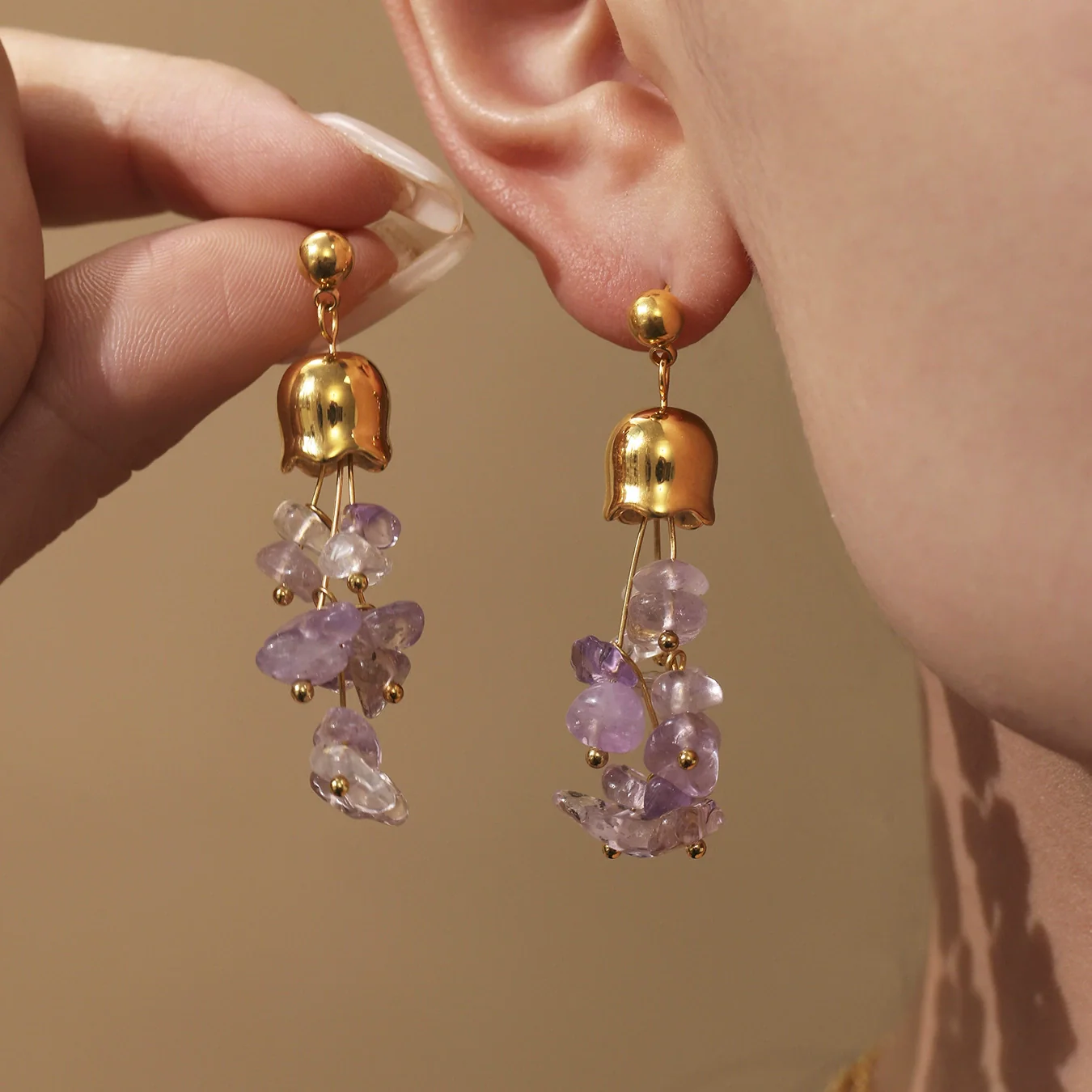 Handmade Stainless Steel And Natural Crystal Geometric Ferris Wheel And Lily Of The Valley Flower Electroplated Earrings For Women - Image 4
