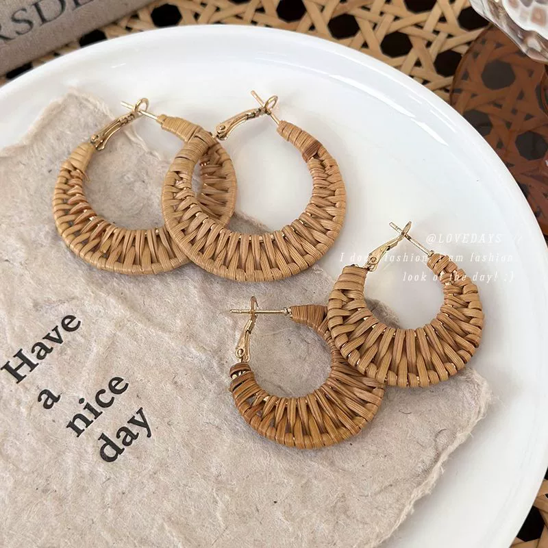 Handmade Wood Straw Rattan Geometric Women's Vacation Style Ring Earrings