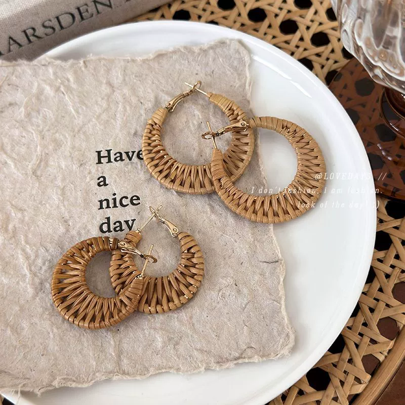 Handmade Wood Straw Rattan Geometric Women's Vacation Style Ring Earrings - Image 2