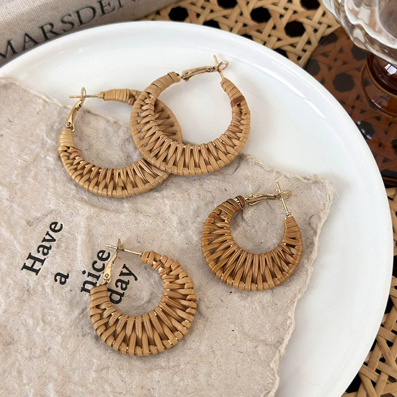 Handmade Wood Straw Rattan Geometric Women's Vacation Style Ring Earrings - Image 4