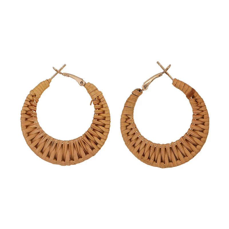 Handmade Wood Straw Rattan Geometric Women's Vacation Style Ring Earrings - Image 5