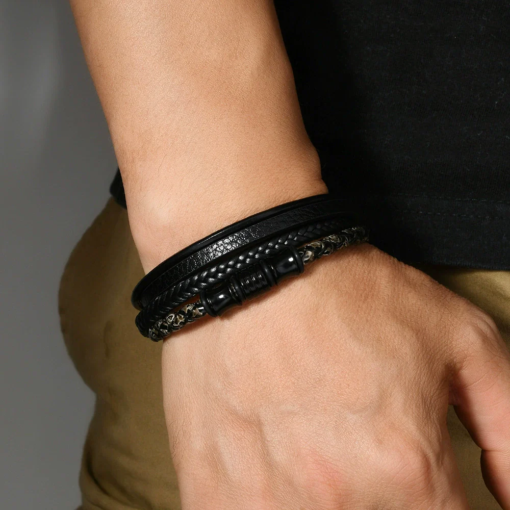 Handwoven Geometric Vintage Alloy And Leather Men's Magnetic Buckle Bracelet - Image 3