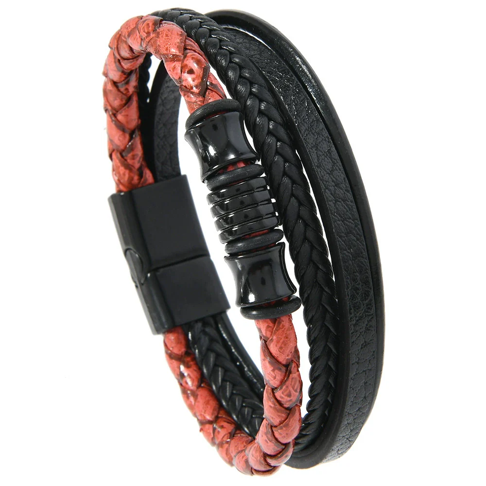 Handwoven Geometric Vintage Alloy And Leather Men's Magnetic Buckle Bracelet - Image 4