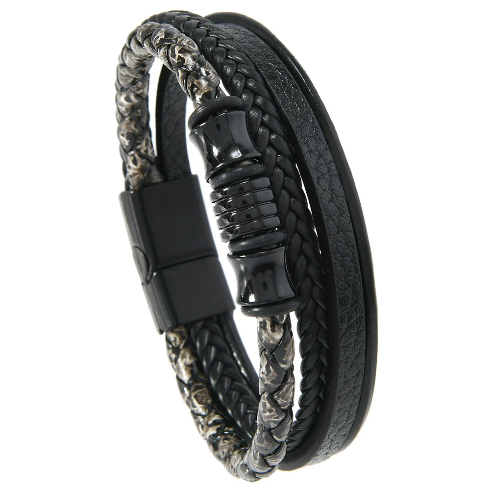 Handwoven Geometric Vintage Alloy And Leather Men's Magnetic Buckle Bracelet - Image 6