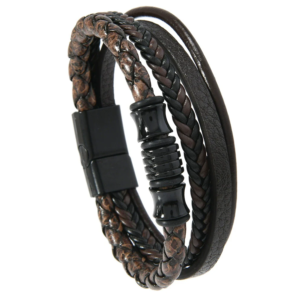 Handwoven Geometric Vintage Alloy And Leather Men's Magnetic Buckle Bracelet - Image 7