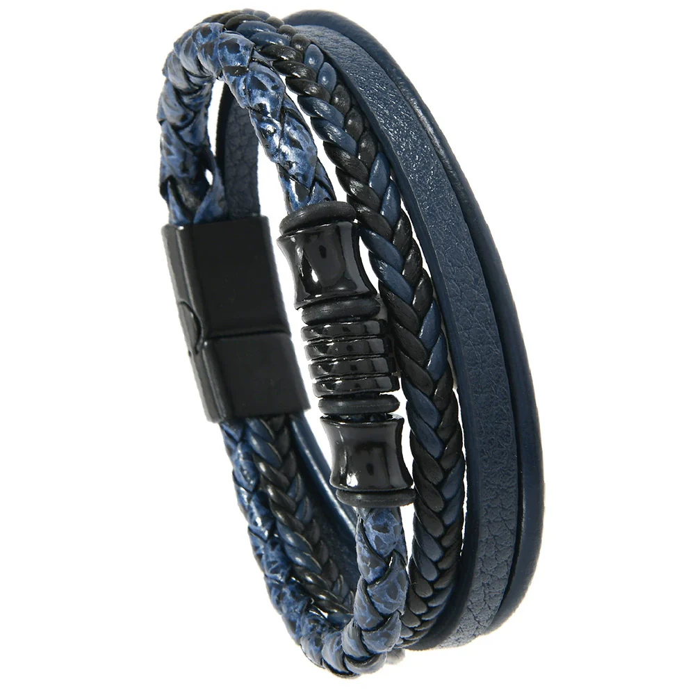 Handwoven Geometric Vintage Alloy And Leather Men's Magnetic Buckle Bracelet - Image 8