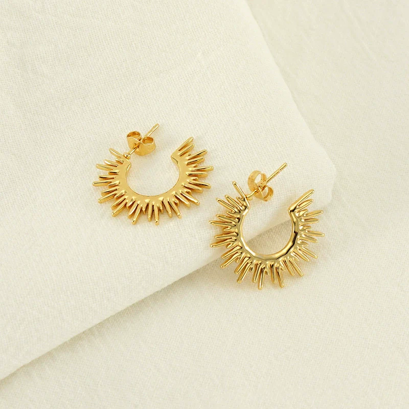 Highend Nonfading Titanium Steel Fanshaped Sunflower Earrings Electroplated Simple Style For Women - Image 3