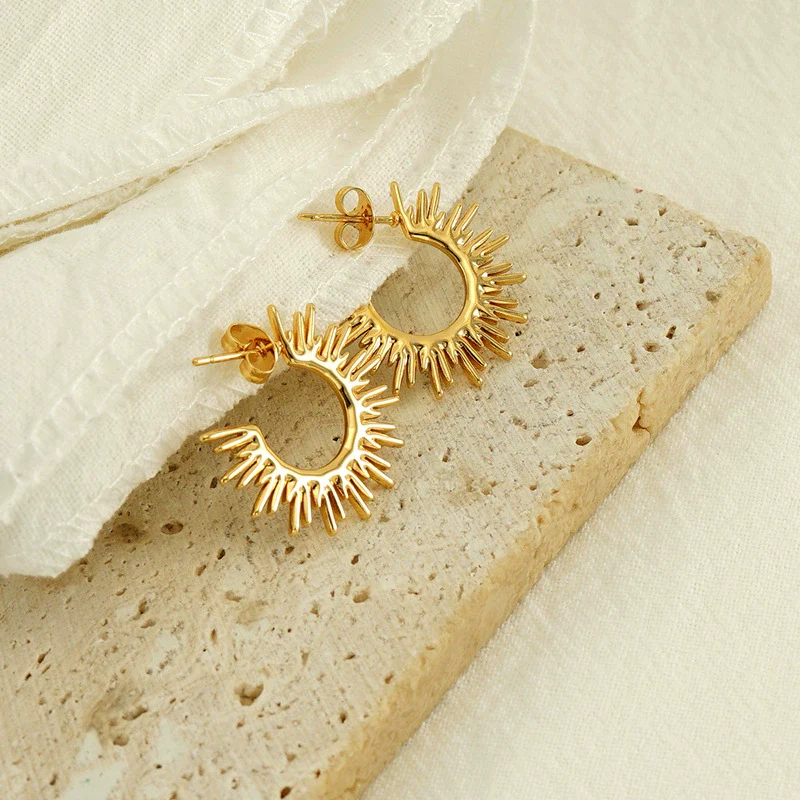 Highend Nonfading Titanium Steel Fanshaped Sunflower Earrings Electroplated Simple Style For Women - Image 4